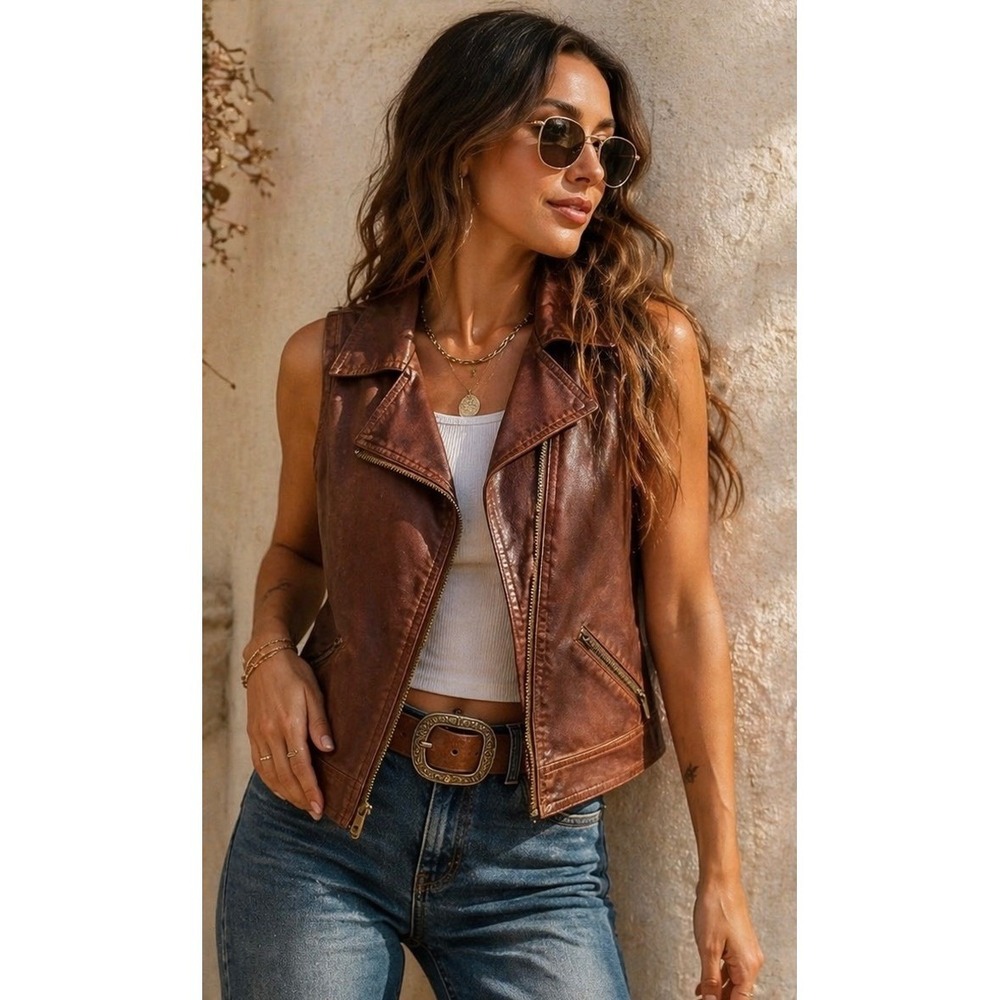 Thrashed Tan Faux Leather Western Festival Vest Indie Boho Rodeo Moto Sz L